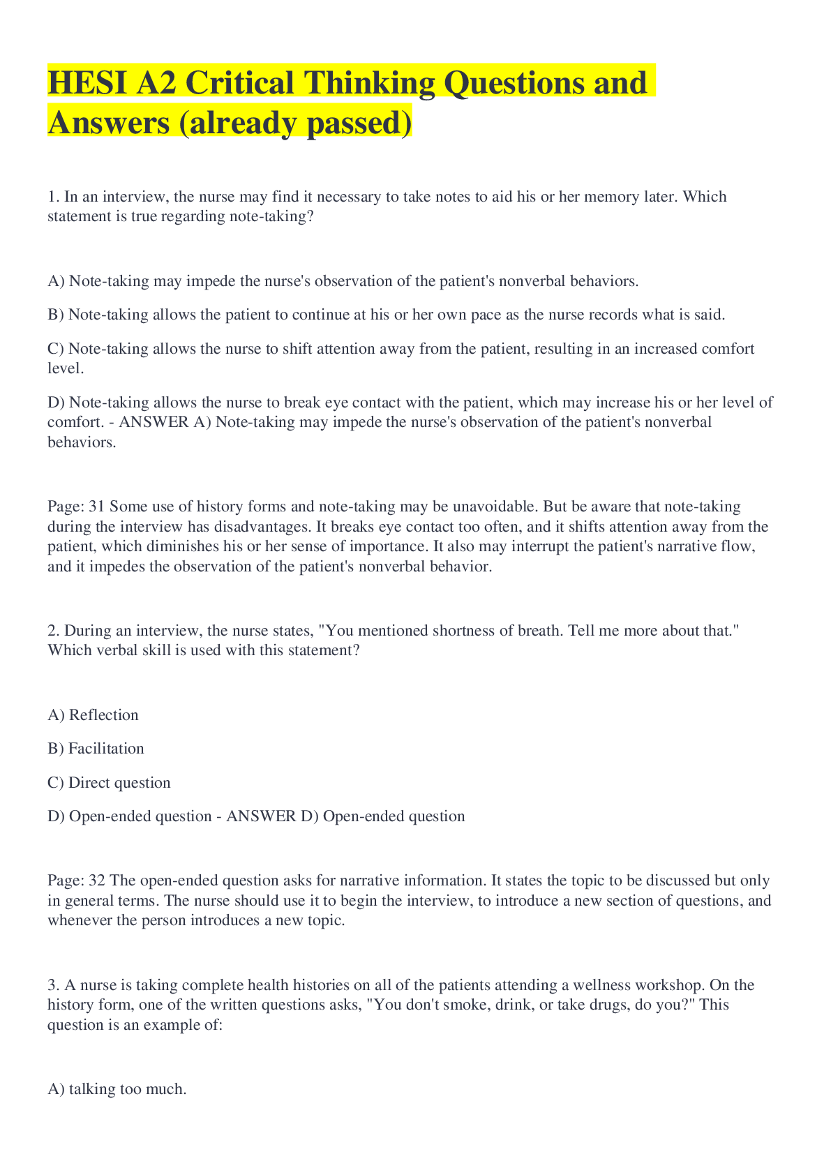 Preview image for HESI A2 Critical Thinking Questions and Answers with Rationales (already passed)